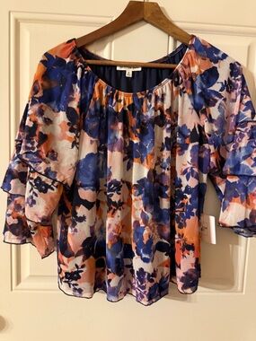 PerSeption Concept Navy, Peach & Pink Floral Ruffle-Sleeve Blouse